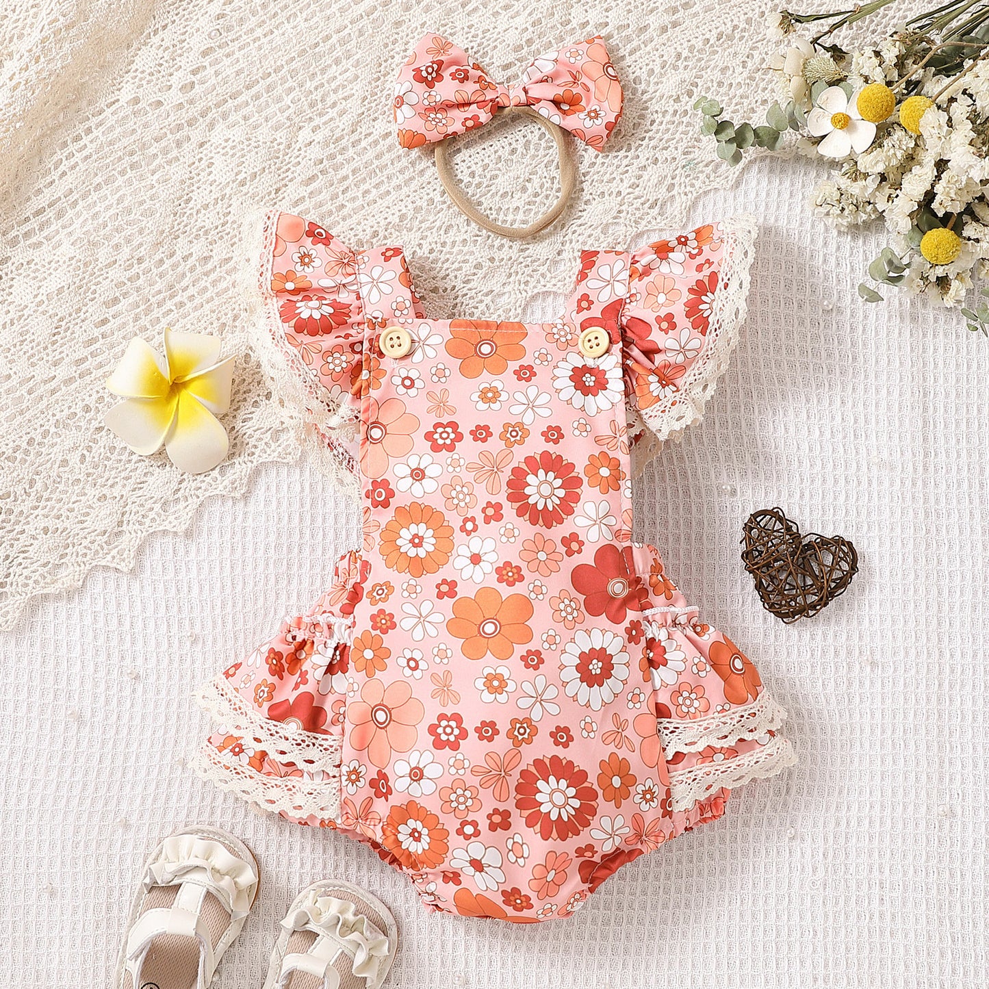 Baby Girl Flower Strap Lace Flounced Sleeve Triangle Clothes