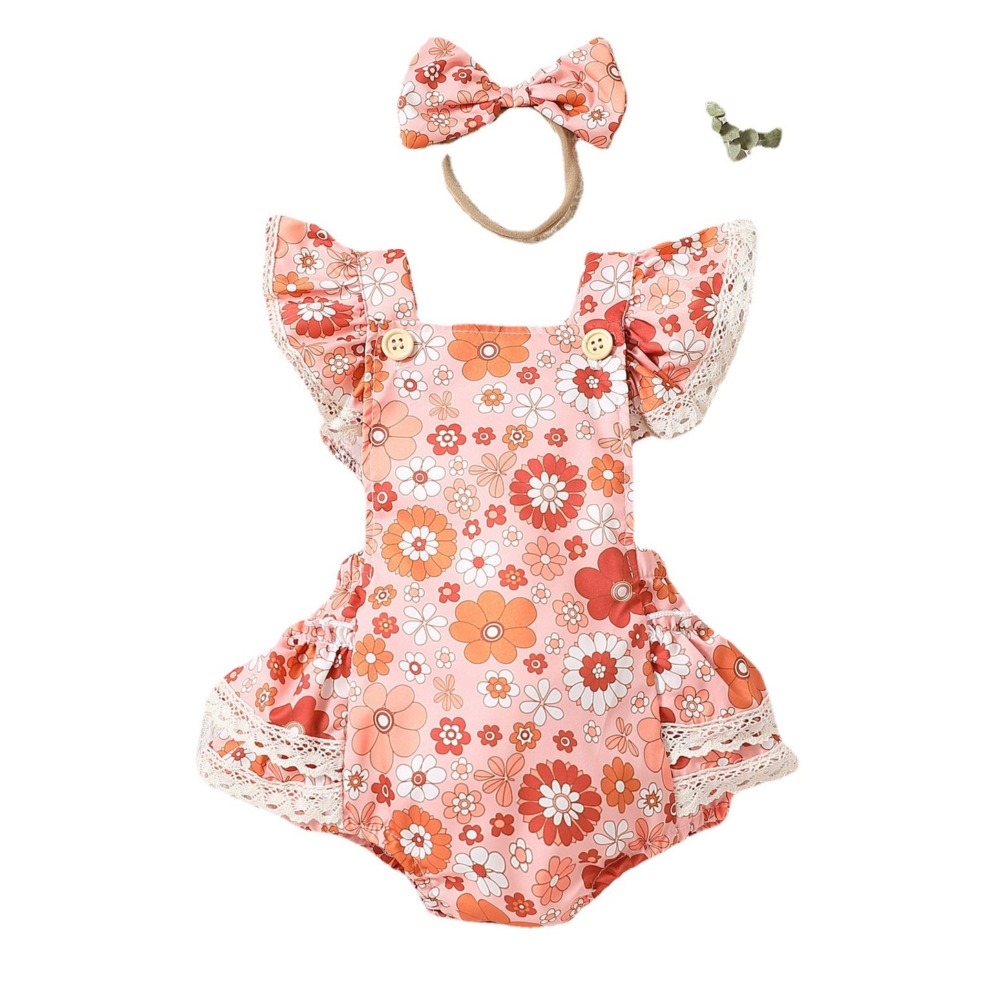 Baby Girl Flower Strap Lace Flounced Sleeve Triangle Clothes