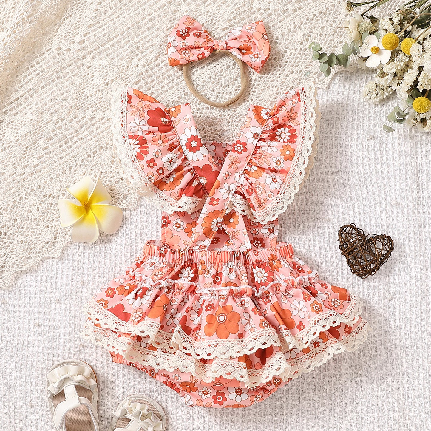 Baby Girl Flower Strap Lace Flounced Sleeve Triangle Clothes